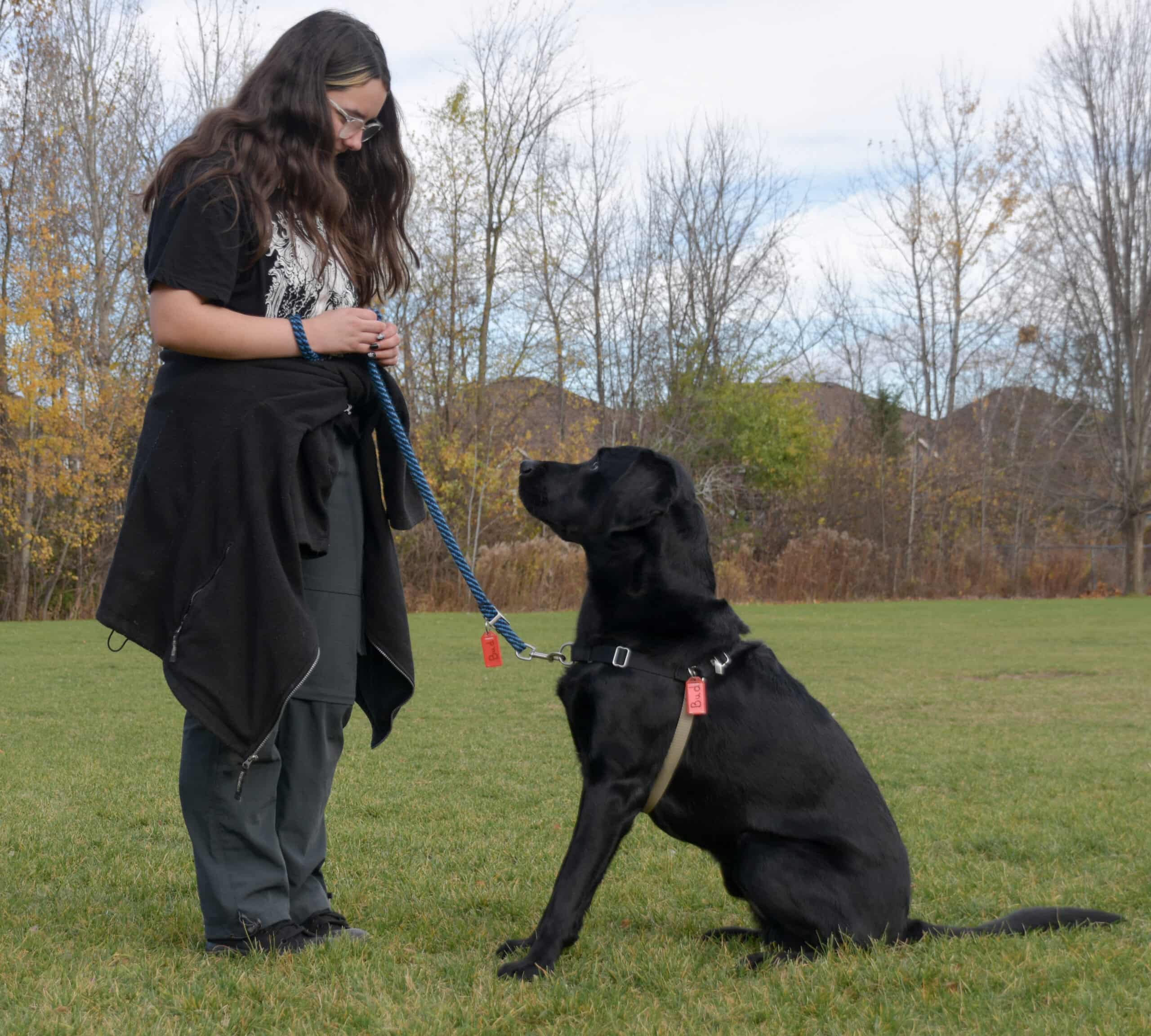 student trainer with black dog