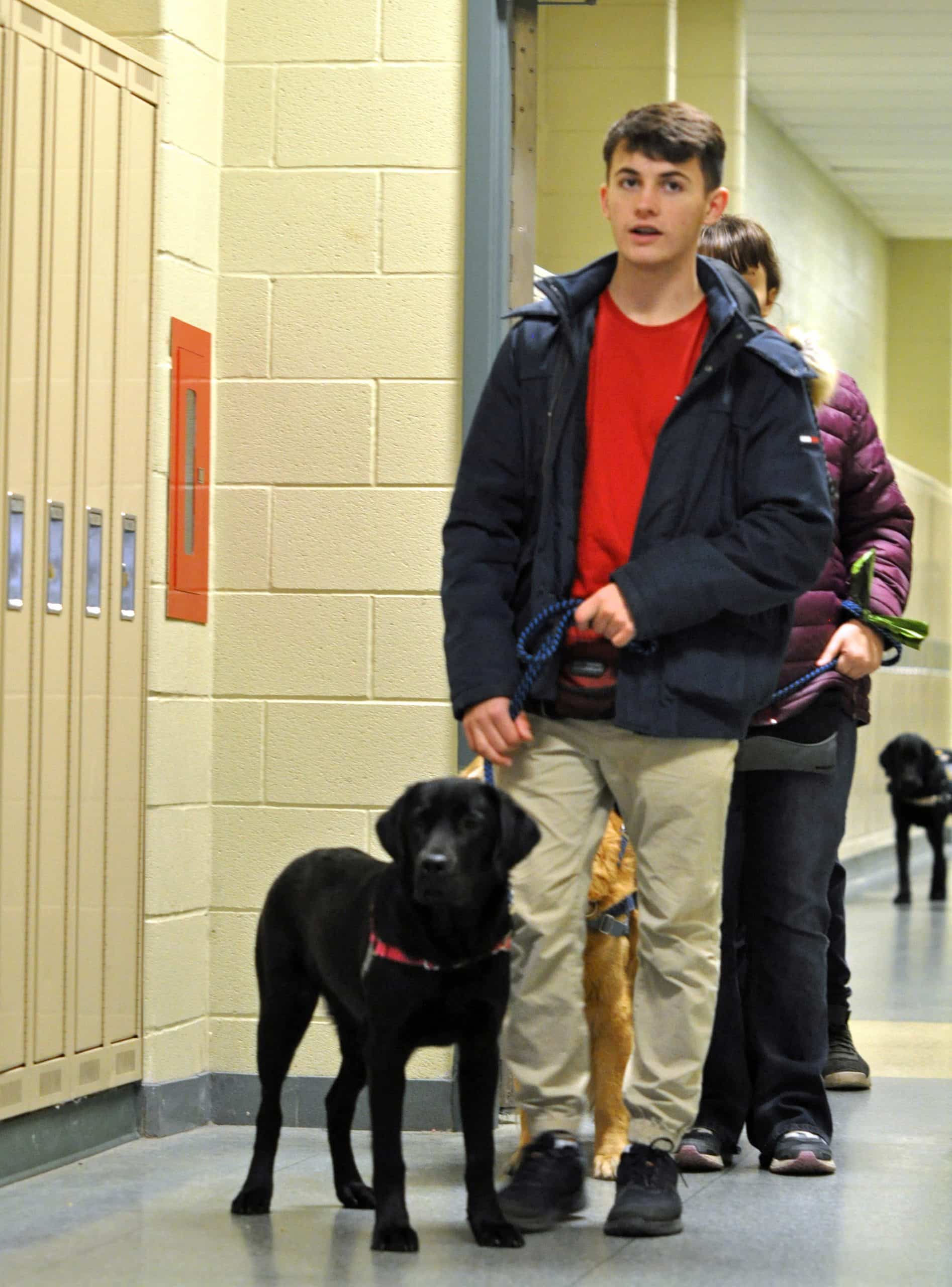 student at school with black dog